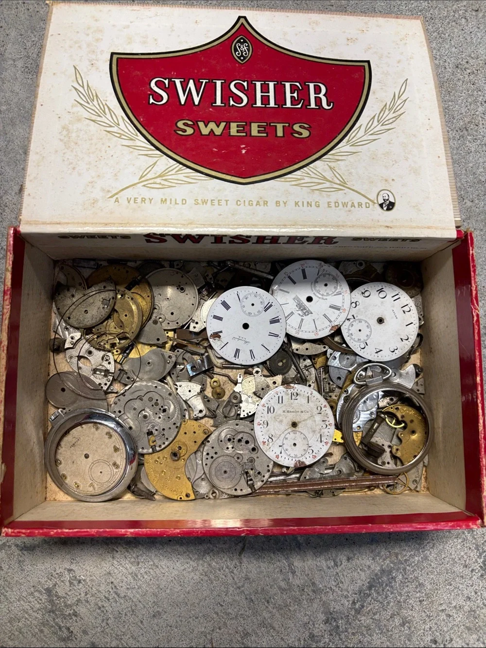 Watch Movement Parts Assortment in vintage cigar box
